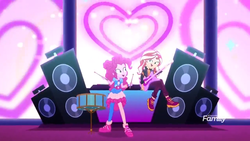 Size: 1366x768 | Tagged: safe, screencap, pinkie pie, sunset shimmer, equestria girls, equestria girls series, g4, sunset's backstage pass!, spoiler:eqg series (season 2), digital screen, discovery family logo, drums, drumsticks, guitar, heart, musical instrument, shoes, singing, sneakers, speaker