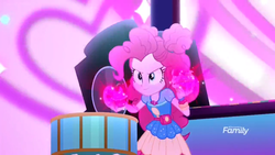 Size: 1366x768 | Tagged: safe, screencap, pinkie pie, equestria girls, equestria girls series, g4, sunset's backstage pass!, spoiler:eqg series (season 2), cupcake, discovery family logo, drums, female, food, glowing, musical instrument, solo