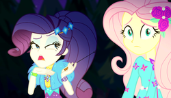 Size: 1886x1080 | Tagged: safe, screencap, fluttershy, rarity, equestria girls, equestria girls series, g4, sunset's backstage pass!, spoiler:eqg series (season 2), campfire, disapproval, duo, female, flower, flower in hair, geode of shielding, magical geodes