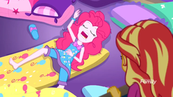 Size: 1366x768 | Tagged: safe, screencap, pinkie pie, sunset shimmer, equestria girls, equestria girls series, g4, sunset's backstage pass!, spoiler:eqg series (season 2), barefoot, clothes, discovery family logo, drool, feet, female, lying on bed, lying on the floor, mattress, open mouth, pajamas, sleeping, sleepy, slippers, snoring