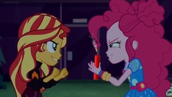 Size: 1229x691 | Tagged: safe, edit, edited screencap, screencap, pinkie pie, sunset shimmer, equestria girls, equestria girls specials, g4, my little pony equestria girls: better together, my little pony equestria girls: sunset's backstage pass, clothes, dynamite, explosives