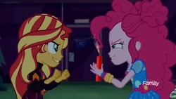 Size: 1216x684 | Tagged: safe, edit, edited screencap, screencap, pinkie pie, sunset shimmer, equestria girls, equestria girls specials, g4, my little pony equestria girls: better together, my little pony equestria girls: sunset's backstage pass, clothes, dynamite, evil smile, explosives, grin, hasbro, smiling, the end of equestria girls, this will end in death, this will end in tears, this will end in tears and/or death, this will not end well