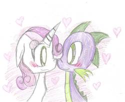 Size: 992x806 | Tagged: safe, artist:princessmuffinart, spike, sweetie belle, dragon, pony, unicorn, g4, blushing, boop, cute, daaaaaaaaaaaw, female, heart, looking at each other, male, noseboop, ship:spikebelle, shipping, straight, traditional art