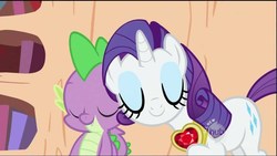 Size: 1280x720 | Tagged: safe, screencap, rarity, spike, dragon, pony, unicorn, g4, secret of my excess, bookshelf, cute, cutie mark, duo, eyes closed, eyeshadow, female, fire ruby, gem, golden oaks library, hub logo, jewelry, makeup, male, mare, necklace, nuzzling, ruby, shipping fuel, spikelove