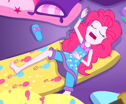 Size: 905x751 | Tagged: safe, screencap, pinkie pie, equestria girls, equestria girls series, g4, sunset's backstage pass!, spoiler:eqg series (season 2), barefoot, clothes, cropped, eyes closed, feet, female, legs, pajamas, sleeping, slippers