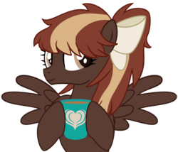 Size: 4878x4185 | Tagged: safe, artist:showtimeandcoal, oc, oc only, oc:barista, pegasus, pony, bow, bust, coffee, coffee mug, commission, female, filly, hoof hold, mare, mug, ponysona, simple background, solo, spread wings, transparent background, vector, wings
