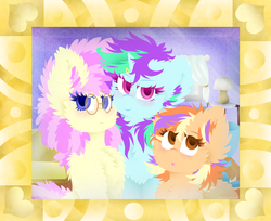 Size: 1228x1000 | Tagged: safe, artist:vanillaswirl6, oc, oc only, oc:pleasant plume, oc:scented candle, oc:vanilla swirl, pony, female, fluffy, glasses, hair accessory, picture frame, siblings, sisters, trio, younger