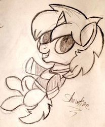 Size: 847x1024 | Tagged: safe, artist:showtimeandcoal, oc, oc only, pony, unicorn, black and white, clothes, giveaway, grayscale, male, monochrome, pencil, ponysona, sketch, solo, stallion, traditional art