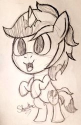 Size: 663x1024 | Tagged: safe, artist:showtimeandcoal, oc, oc only, pony, unicorn, art giveaway, black and white, chibi, cute, giveaway, grayscale, monochrome, pencil, ponysona, sketch, solo, traditional art