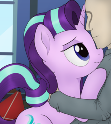 Size: 1156x1291 | Tagged: safe, artist:noosa, starlight glimmer, oc, oc:anon, human, pony, unicorn, g4, book, cuddling, cute, duo, faceless male, female, glimmerbetes, hugging a pony, human male, interspecies, kite, looking at each other, male, mare, messy mane, offscreen character, romantic, smiling, window