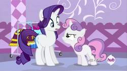Size: 1280x720 | Tagged: safe, screencap, rarity, sweetie belle, pony, unicorn, g4, angry, argument, clothes, clothes rack, dress, female, filly, hub logo, looking at each other, mare