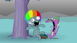 Size: 1280x720 | Tagged: safe, artist:hotdiggedydemon, rainbow dash, spike, dragon, pegasus, pony, .mov, swag.mov, g4, afro, duo, female, male, mare, nipples, nudity, open mouth, pony.mov, screaming, stitches, tree