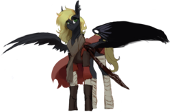 Size: 4002x2612 | Tagged: safe, artist:nsilverdraws, oc, oc only, oc:veen sundown, horse, pegasus, pony, artificial wings, augmented, bandage, cape, clothes, female, leather armor, mare, scabbard, scar, scarf, simple background, sketch, solo, spread wings, sundown clan, transparent background, wings