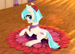 Size: 6300x4550 | Tagged: safe, artist:darksly, coco pommel, earth pony, pony, g4, absurd resolution, blushing, cocobetes, cute, cutie mark, female, flower, flower in hair, looking at you, looking back, looking back at you, lying down, mare, mat, prone, rug, solo