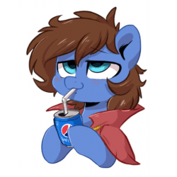 Size: 750x750 | Tagged: safe, artist:oofycolorful, artist:sugar morning, oc, oc only, oc:bizarre song, pony, animated, bedroom eyes, bepis, blinking, bust, can, cape, clothes, commission, cute, drink, looking up, male, onomatopoeia, pepsi, portrait, simple background, sipping, soda, solo, stallion, straw, text, white background, your character here