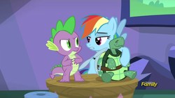 Size: 1280x720 | Tagged: safe, screencap, rainbow dash, spike, tank, dragon, pegasus, pony, tortoise, g4, tanks for the memories, discovery family logo, eyes closed, female, looking at each other, male, mare