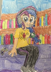 Size: 1528x2142 | Tagged: safe, artist:wolfspiritclan, oc, oc only, oc:ruby nights, equestria girls, g4, book, bookshelf, controller, headphones, headset, solo, traditional art