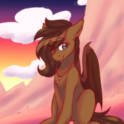 Size: 1702x1702 | Tagged: safe, artist:dark--drawz, oc, oc only, oc:sweet hymn, bat pony, pony, fangs, female, freckles, jewelry, mare, necklace, simple background, solo