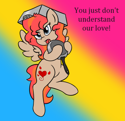 Size: 930x900 | Tagged: safe, anonymous artist, oc, oc only, oc:rosebriar sunfall, pegasus, pony, cute, female, funny, mare, pan, pansexual pride flag, pegasus oc, pride, pun, solo, visual pun, wings