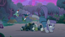 Size: 1920x1080 | Tagged: safe, screencap, maud pie, cockatrice, pony, g4, student counsel, bucking, rock