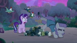Size: 1920x1080 | Tagged: safe, screencap, maud pie, starlight glimmer, cockatrice, pony, g4, student counsel, bucking, rock