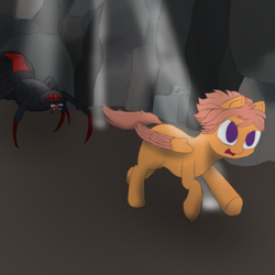 Size: 1000x1000 | Tagged: safe, artist:shoophoerse, edit, oc, oc only, oc:shoop, giant spider, pegasus, pony, spider, cave, moonlight, running, running away, solo