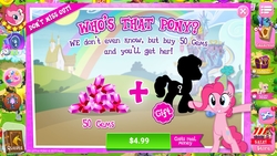 Size: 1280x720 | Tagged: safe, gameloft, screencap, cup cake, lucky clover, pinkie pie, alicorn, pony, g4, costs real money, gem, hat, magnet, party hat, twilight's castle, who's that pony