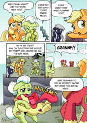 Size: 1201x1700 | Tagged: safe, artist:tarkron, apple bloom, applejack, big macintosh, granny smith, oc, oc:tara, earth pony, pony, comic:ghosts of the past, g4, apple family, apple siblings, candle, comic, crying, dialogue, female, filly, floppy ears, gravestone, graveyard, handkerchief, male, mare, nose blowing, onomatopoeia, stallion