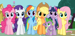 Size: 900x431 | Tagged: safe, artist:maryponyartist, applejack, fluttershy, pinkie pie, rainbow dash, rarity, spike, twilight sparkle, dragon, earth pony, pegasus, pony, unicorn, g4, cowboy hat, day, female, hands in the air, hat, looking at you, male, mane seven, mane six, mare, ponyville, unicorn twilight