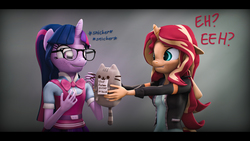 Size: 9600x5400 | Tagged: safe, artist:imafutureguitarhero, artist:psychodiamondstar, sci-twi, sunset shimmer, twilight sparkle, cat, unicorn, anthro, equestria girls, g4, 2d to 3d, 3d, abstract background, absurd file size, absurd resolution, black bars, bowtie, chromatic aberration, clothes, colored eyebrows, cute, dialogue, dress, duo, equestria girls ponified, female, film grain, floppy ears, freckles, glasses, grin, holding, horn, jacket, leather jacket, letterboxing, lip bite, long hair, long mane, mare, multicolored hair, multicolored tail, nose wrinkle, onomatopoeia, paper, peppered bacon, ponytail, pun, pusheen, recursive fanart, scrunchy face, shimmerbetes, signature, skirt, smiling, snickering, source filmmaker, stifling laughter, text, twiabetes, unicorn sci-twi