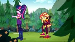 Size: 2048x1151 | Tagged: safe, screencap, sci-twi, sunset shimmer, twilight sparkle, equestria girls, equestria girls series, g4, sunset's backstage pass!, spoiler:eqg series (season 2), boots, clothes, geode of empathy, geode of telekinesis, glasses, magical geodes, pants, ponytail, shoes, skirt