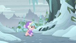 Size: 1280x720 | Tagged: safe, screencap, cozy glow, pegasus, pony, frenemies (episode), g4, clothes, female, filly, foal, hat, pine tree, snow, solo, tree, winter outfit