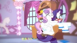 Size: 1191x670 | Tagged: safe, edit, edited screencap, editor:undeadponysoldier, screencap, rarity, sweetie belle, pony, unicorn, g4, carousel boutique, cute, diasweetes, eyes closed, female, filly, filter, glasses, hug, lighting, mare, mirror, open mouth, ponyquin, scissors, window