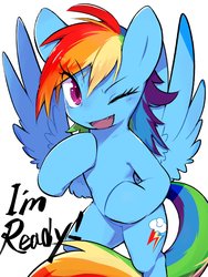 Size: 1536x2048 | Tagged: safe, artist:30clock, rainbow dash, pegasus, pony, g4, bipedal, dialogue, female, mare, one eye closed, open mouth, simple background, solo, spread wings, white background, wings, wink