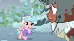 Size: 1920x1080 | Tagged: safe, screencap, cozy glow, rusty bucket, earth pony, pegasus, pony, frenemies (episode), g4, clothes, cozybetes, cute, female, filly, foal, hat, male, pine tree, snow, stallion, tree, winter outfit