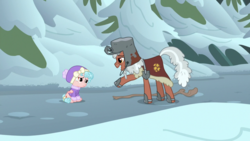 Size: 1920x1080 | Tagged: safe, screencap, cozy glow, rusty bucket, earth pony, pegasus, pony, frenemies (episode), g4, bucket, clothes, duo, female, filly, foal, hat, helmet, male, raised hoof, snow, staff, stallion, winter outfit