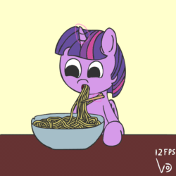 Size: 800x800 | Tagged: safe, artist:vohd, twilight sparkle, alicorn, pony, g4, alicorn metabolism, animated, chopsticks, cup, cute, eating, female, food, frame by frame, loop, magic, mare, noodles, perfect loop, simple background, solo, stuffing, twiabetes, twilight sparkle (alicorn), yellow background