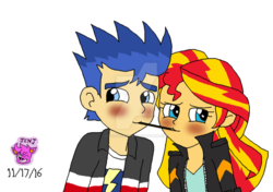 Size: 1024x721 | Tagged: safe, artist:stella-exquisa, flash sentry, sunset shimmer, equestria girls, g4, blushing, female, food, male, mouth hold, obtrusive watermark, pocky, pocky game, ship:flashimmer, shipping, shy, simple background, straight, watermark, white background