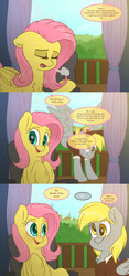 Size: 2800x6000 | Tagged: safe, artist:fluffyxai, derpy hooves, fluttershy, pegasus, pony, tumblr:ask spirit wind, g4, balcony, blushing, chair, clothes, curtains, derpyshy, female, flying, landing, lesbian, mailmare, mailmare uniform, shipping, sigh, smiling, speech, speech bubble, text, wings