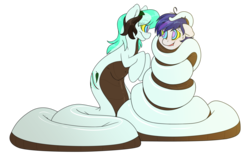 Size: 6000x3700 | Tagged: safe, artist:fluffyxai, oc, oc:hotsun, oc:wave mint choco, lamia, monster pony, original species, pony, snake pony, blushing, coiling, coils, drool, female pred, hypnosis, hypnotized, kaa eyes, male prey, nervous, simple background, smiling, smirk, sweat, sweatdrop, transparent background, wrapped up