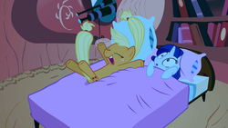 Size: 1280x720 | Tagged: safe, screencap, applejack, rarity, earth pony, pony, unicorn, g4, look before you sleep, bed, blanket, faic, female, golden oaks library, happy, mare, open mouth, pillow, telescope