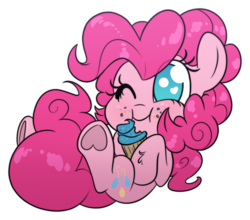 Size: 1744x1532 | Tagged: safe, artist:fluffyxai, pinkie pie, earth pony, pony, chibi, cupcake, cute, diapinkes, eating, eye clipping through hair, female, food, heart, hoof heart, leg fluff, mare, no pupils, one eye closed, simple background, smiling, solo, transparent background, underhoof, wink