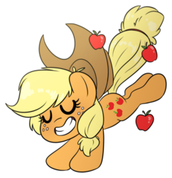 Size: 1841x1901 | Tagged: safe, artist:fluffyxai, part of a set, applejack, earth pony, pony, g4, apple, applebucking, applejack mid tree-buck facing the left with 3 apples falling down, applejack mid tree-buck with 3 apples falling down, bucking, chibi, cowboy hat, cute, eyes closed, falling, female, food, hat, jackabetes, mare, simple background, smiling, solo, transparent background