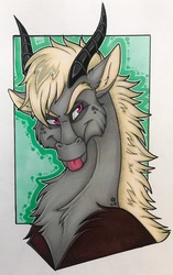 Size: 640x1022 | Tagged: source needed, safe, artist:inari_dragon, oc, oc only, oc:jengibre, draconequus, abstract background, bust, draconequus oc, looking sideways, outline, portrait, tongue out, traditional art