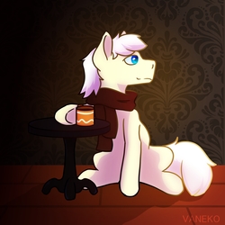 Size: 1800x1800 | Tagged: source needed, safe, artist:vaneko, oc, oc only, oc:pierrot fisher, pony, clothes, complex background, mug, scarf, solo