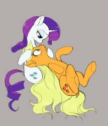 Size: 2448x2842 | Tagged: safe, artist:haibaratomoe, applejack, rarity, pony, g4, blushing, cute, duo, female, gray background, high res, hooves up, lesbian, loose hair, ship:rarijack, shipping, simple background