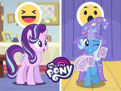 Size: 1280x960 | Tagged: safe, starlight glimmer, trixie, pony, unicorn, g4, cape, clothes, emoji, facebook, facebook reactions, female, hat, mare, my little pony logo, playing card, raised hoof, smiling, trixie's cape, trixie's hat