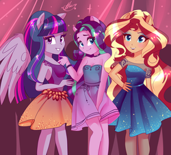 Size: 2344x2124 | Tagged: safe, artist:xjenn9, starlight glimmer, sunset shimmer, twilight sparkle, equestria girls, g4, bare shoulders, clothes, cute, dress, eyeshadow, female, glimmerbetes, hand on hip, heart eyes, high res, makeup, nervous smile, ponied up, pony ears, shimmerbetes, sleeveless, strapless, strapless dress, trio, trio female, twiabetes, wingding eyes, wings