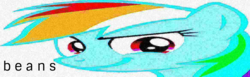 Size: 1167x360 | Tagged: safe, rainbow dash, pegasus, pony, g4, beans, caption, cursed image, dank memes, deep fried meme, female, food, image macro, looking at you, mare, meme, my eyes, shitposting, solo, text, why