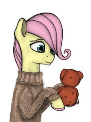 Size: 339x454 | Tagged: safe, artist:s.l.guinefort, fluttershy, pony, g4, bioshock, clothes, female, jack ryan, sweater, this will end in death, this will end in tears, this will end in tears and/or death, toy